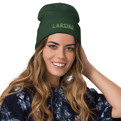 'Lansing' Winter Beanie (1980's Hip Hop Font) | Green Embroidery - Circumspice Michigan