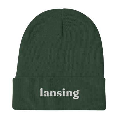 'Lansing' Winter Beanie (Old-Style Serif Font) | White/Black Embroidery - Circumspice Michigan