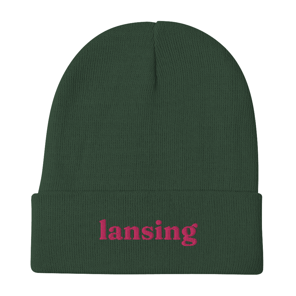 'Lansing' Winter Beanie (Old-Style Serif Font) | Pink Embroidery - Circumspice Michigan