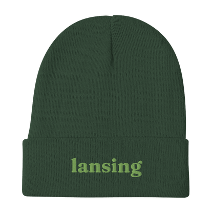 'Lansing' Winter Beanie (Old-Style Serif Font) | Green Embroidery - Circumspice Michigan