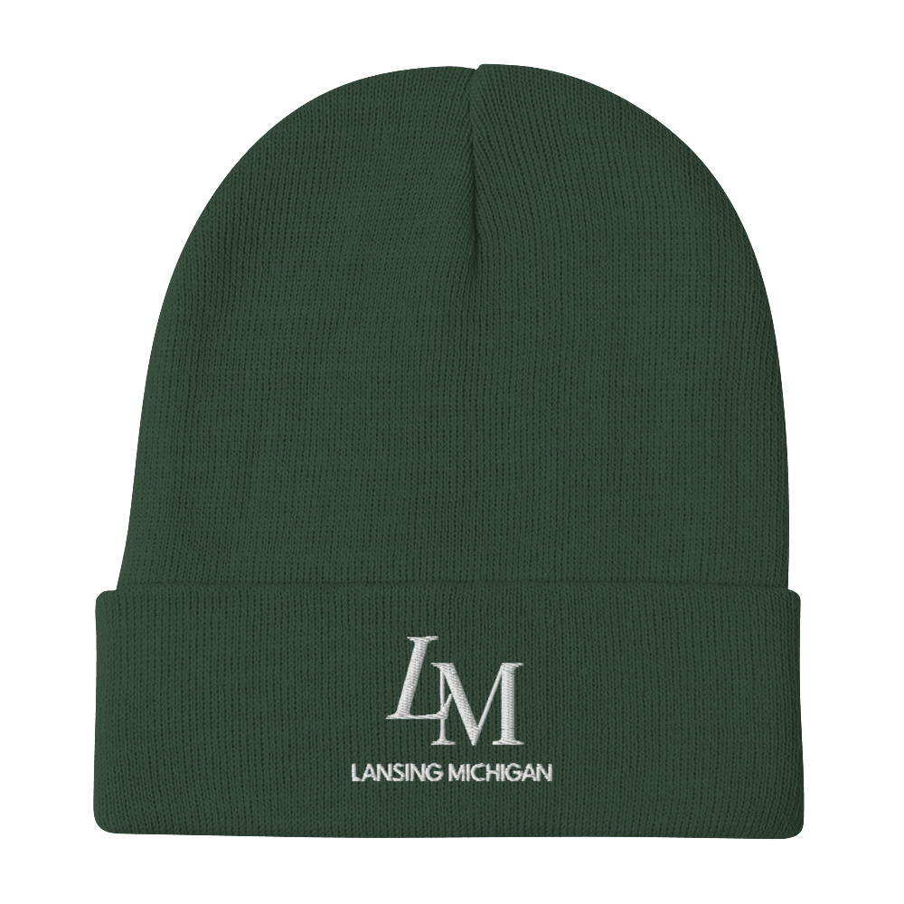 'LM Lansing Michigan' Winter Beanie (Luxury Goods Parody) | White/Black Embroidery - Circumspice Michigan