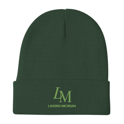 'LM Lansing Michigan' Winter Beanie (Luxury Goods Parody) | Green Embroidery - Circumspice Michigan