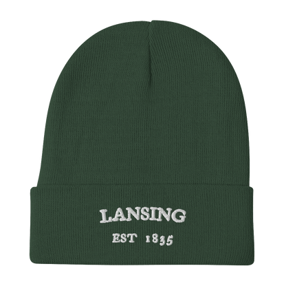 'Lansing EST 1835'  Winter Beanie | White/Black Embroidery - Circumspice Michigan