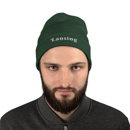 'Lansing' Winter Beanie (Swash Font) | White/Black Embroidery - Circumspice Michigan