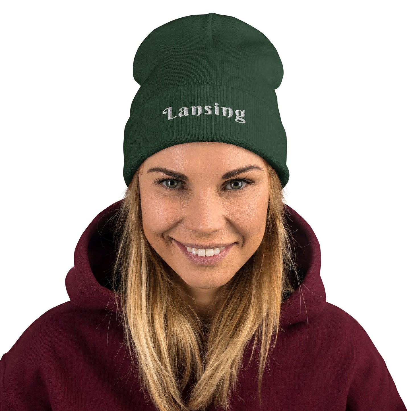 'Lansing' Winter Beanie (Swash Font) | White/Black Embroidery - Circumspice Michigan