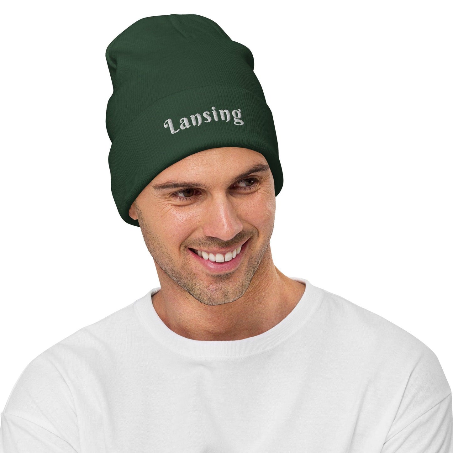 'Lansing' Winter Beanie (Swash Font) | White/Black Embroidery - Circumspice Michigan