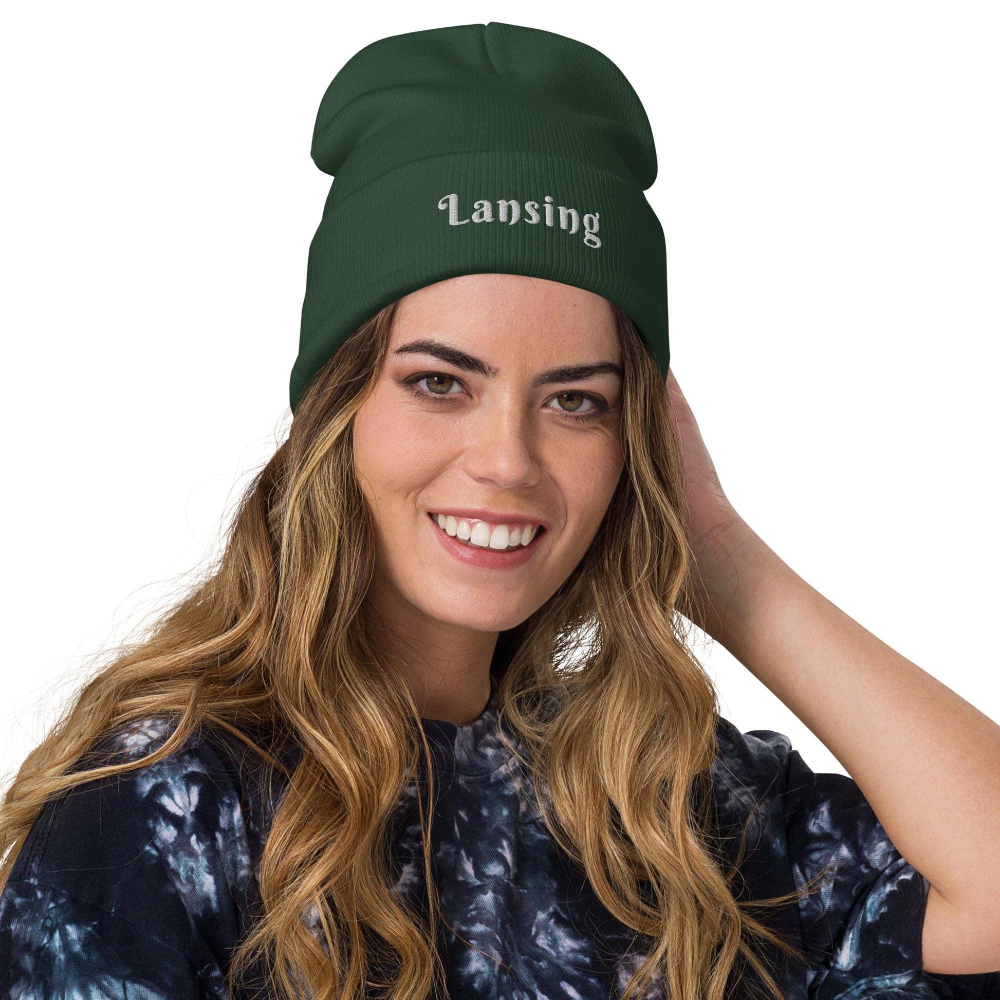 'Lansing' Winter Beanie (Swash Font) | White/Black Embroidery - Circumspice Michigan