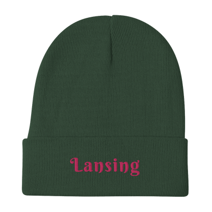 'Lansing' Winter Beanie (Swash Font) | Pink Embroidery - Circumspice Michigan