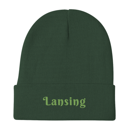 'Lansing' Winter Beanie (Swash Font) | Green Embroidery - Circumspice Michigan