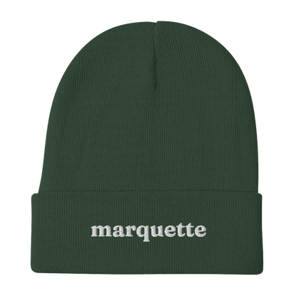 'Marquette' Winter Beanie (Old-Style Serif Font) | White/Navy Embroidery - Circumspice Michigan