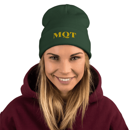 Marquette 'MQT' Winter Beanie (Fancy Serif Font) | Gold Embroidery - Circumspice Michigan