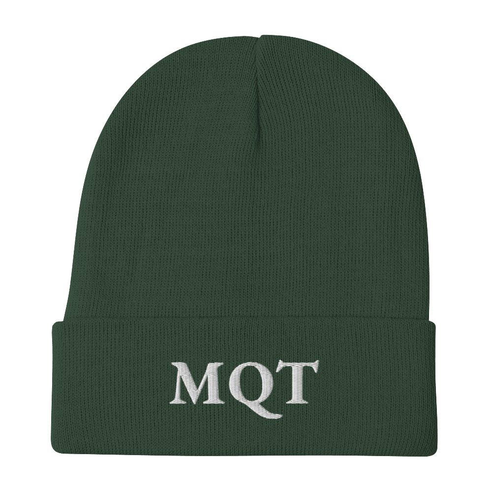 Marquette 'MQT' Winter Beanie (French Serif Font) | White/Black Embroidery - Circumspice Michigan