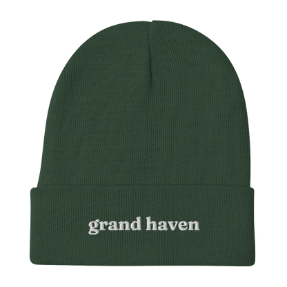 'Grand Haven' Winter Beanie (Old-Style Serif Font) | White/Navy Embroidery - Circumspice Michigan