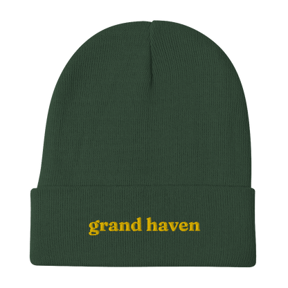 'Grand Haven' Winter Beanie (Old-Style Serif Font) | Gold Embroidery - Circumspice Michigan