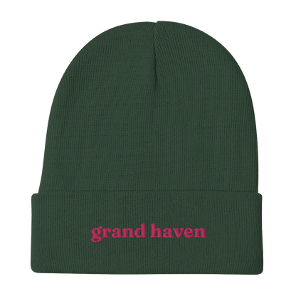 'Grand Haven' Winter Beanie (Old-Style Serif Font) | Pink Embroidery - Circumspice Michigan