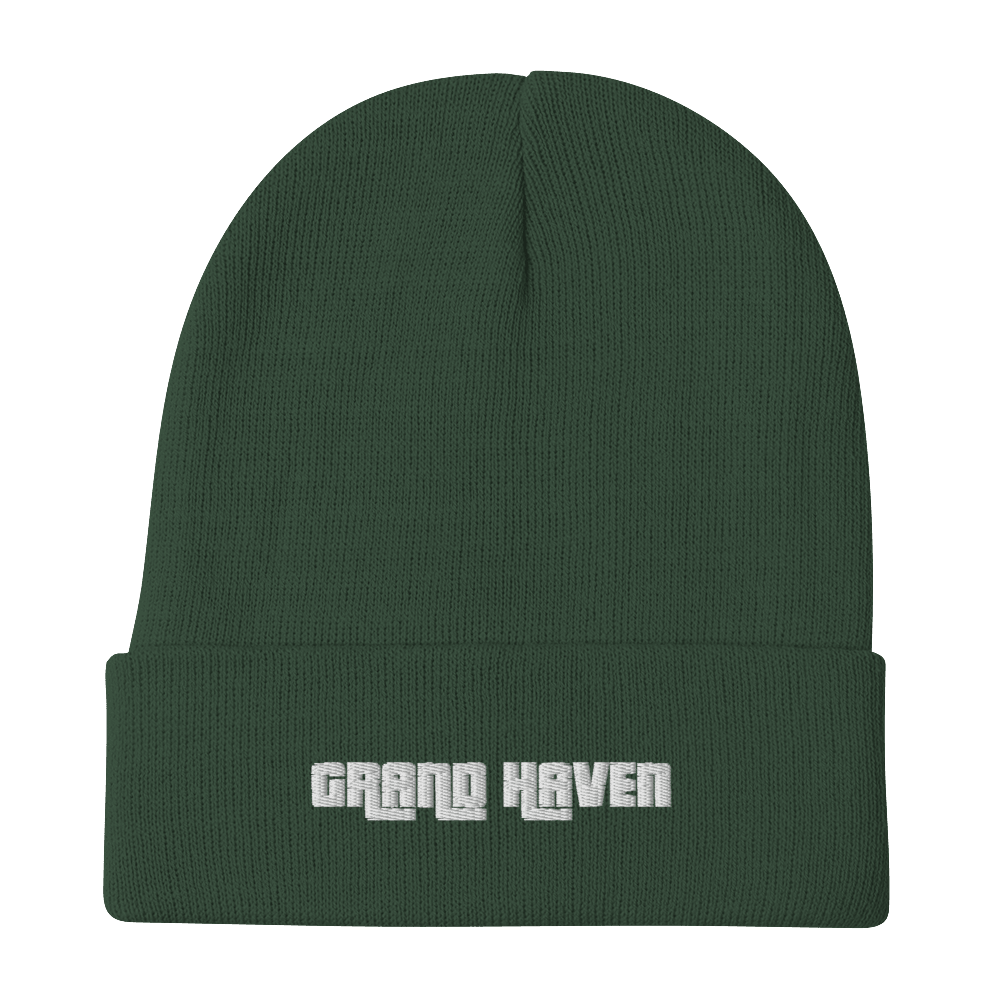 'Grand Haven' Winter Beanie (1970s Font) | White/Black Embroidery - Circumspice Michigan