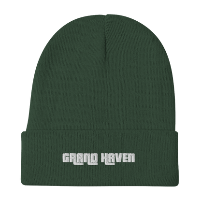 'Grand Haven' Winter Beanie (1970s Font) | White/Black Embroidery - Circumspice Michigan