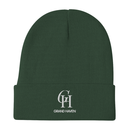 'GH Grand Haven' Winter Beanie (Luxury Goods Parody) | White Embroidery - Circumspice Michigan