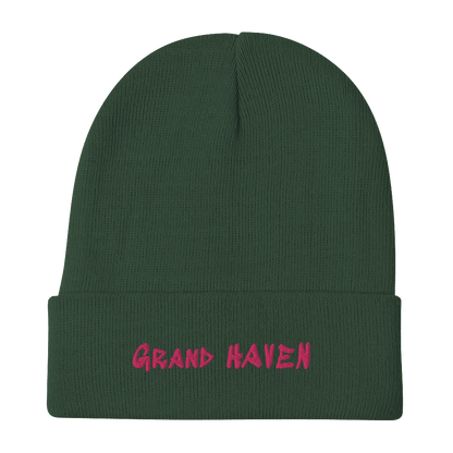 'Grand Haven' Winter Beanie (1980s Hip Hop Font) | Pink Embroidery - Circumspice Michigan