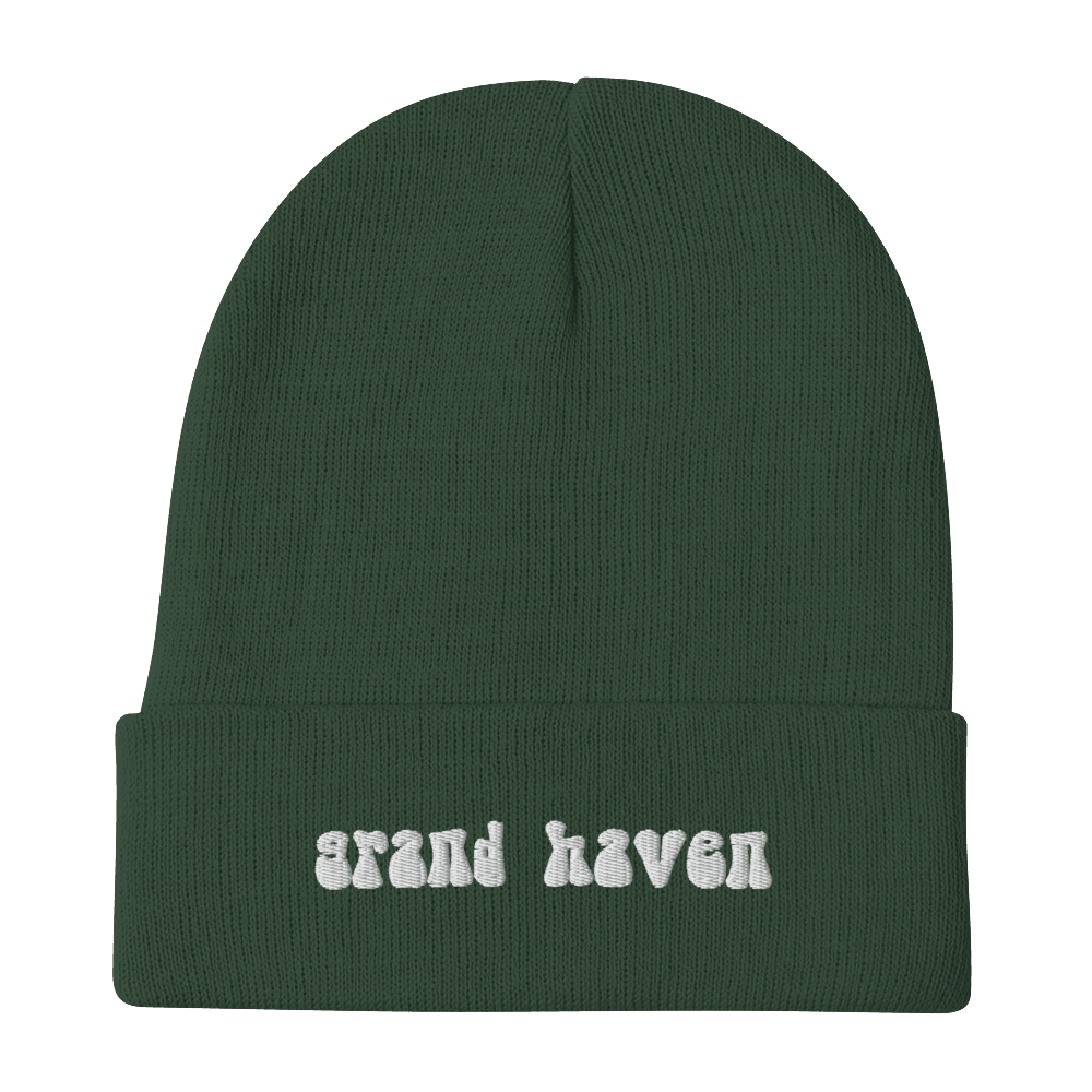 'Grand Haven' Winter Beanie (1960s Font) | White Embroidery - Circumspice Michigan