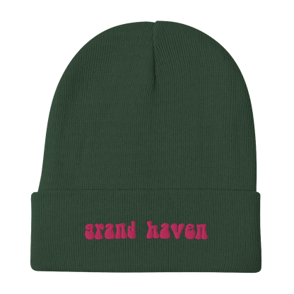 'Grand Haven' Winter Beanie (1960s Font) | Pink Embroidery - Circumspice Michigan