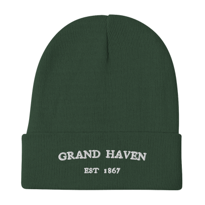 'Grand Haven EST 1867' Winter Beanie | White/Navy Embroidery - Circumspice Michigan