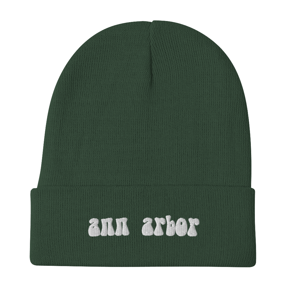 'Ann Arbor' Winter Beanie (1960s Font) | White Embroidery - Circumspice Michigan