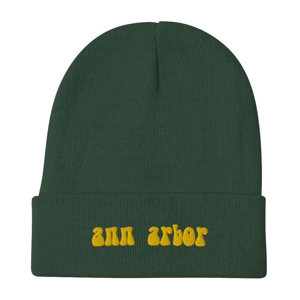 'Ann Arbor' Winter Beanie (1960s Font) | Gold Embroidery - Circumspice Michigan