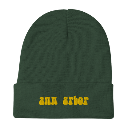 'Ann Arbor' Winter Beanie (1960s Font) | Gold Embroidery - Circumspice Michigan