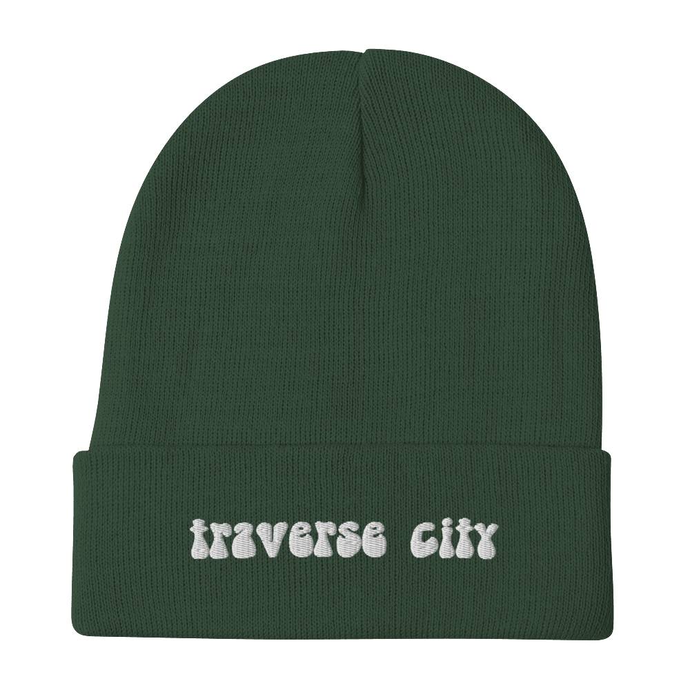 'Traverse City' Winter Beanie (1960s Font) | White/Black Embroidery - Circumspice Michigan