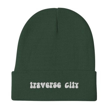 'Traverse City' Winter Beanie (1960s Font) | White/Black Embroidery - Circumspice Michigan