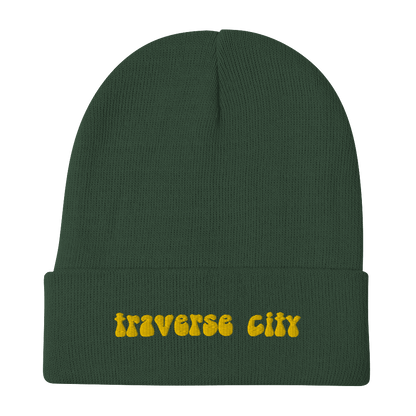 'Traverse City' Winter Beanie (1960s Font) | Gold Embroidery - Circumspice Michigan