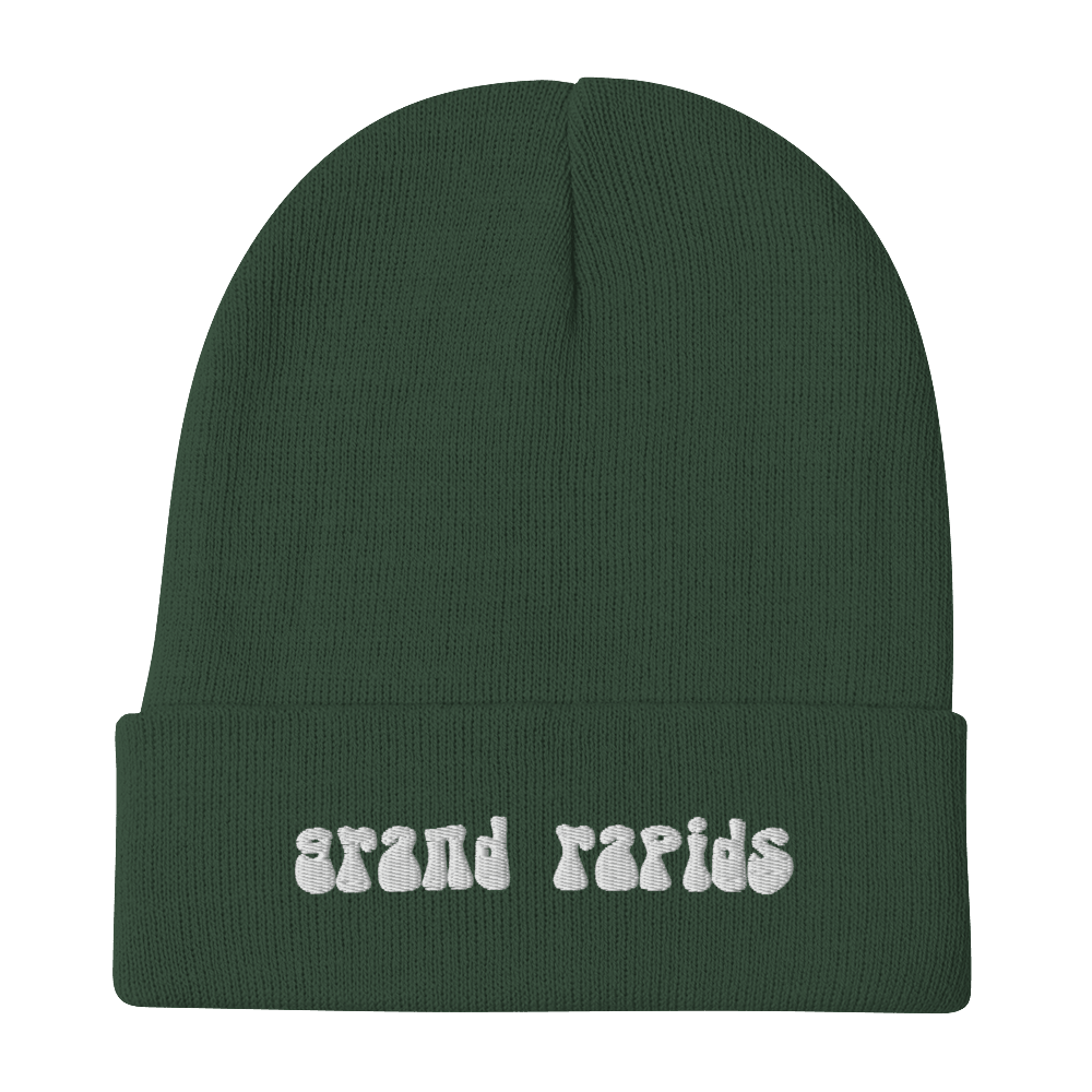 'Grand Rapids' Winter Beanie (1960s Font) | White/Black Embroidery - Circumspice Michigan