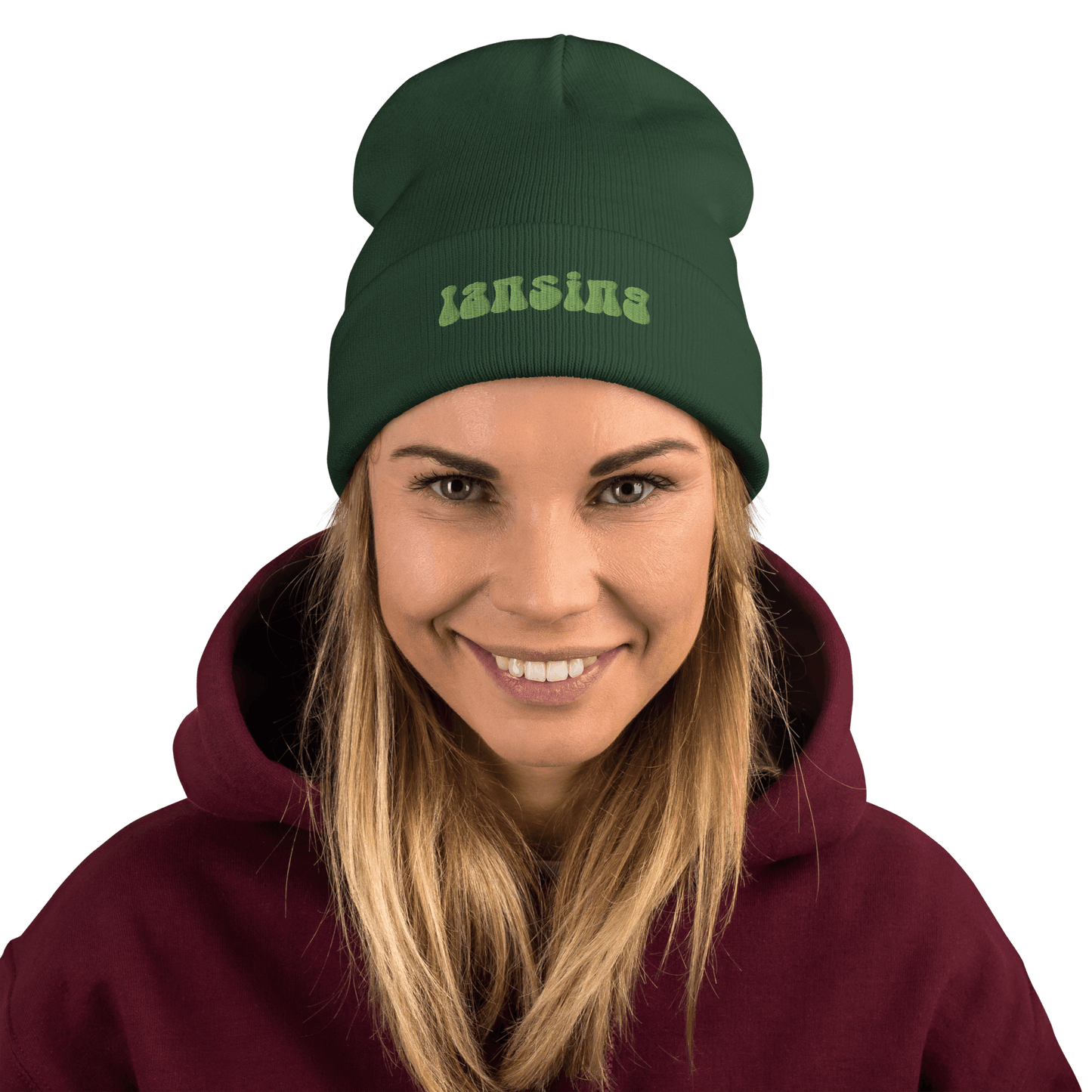 'Lansing' Winter Beanie (1960s Font) | Green Embroidery - Circumspice Michigan