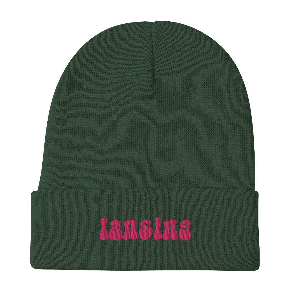 'Lansing' Winter Beanie (1960s Font) | Pink Embroidery - Circumspice Michigan