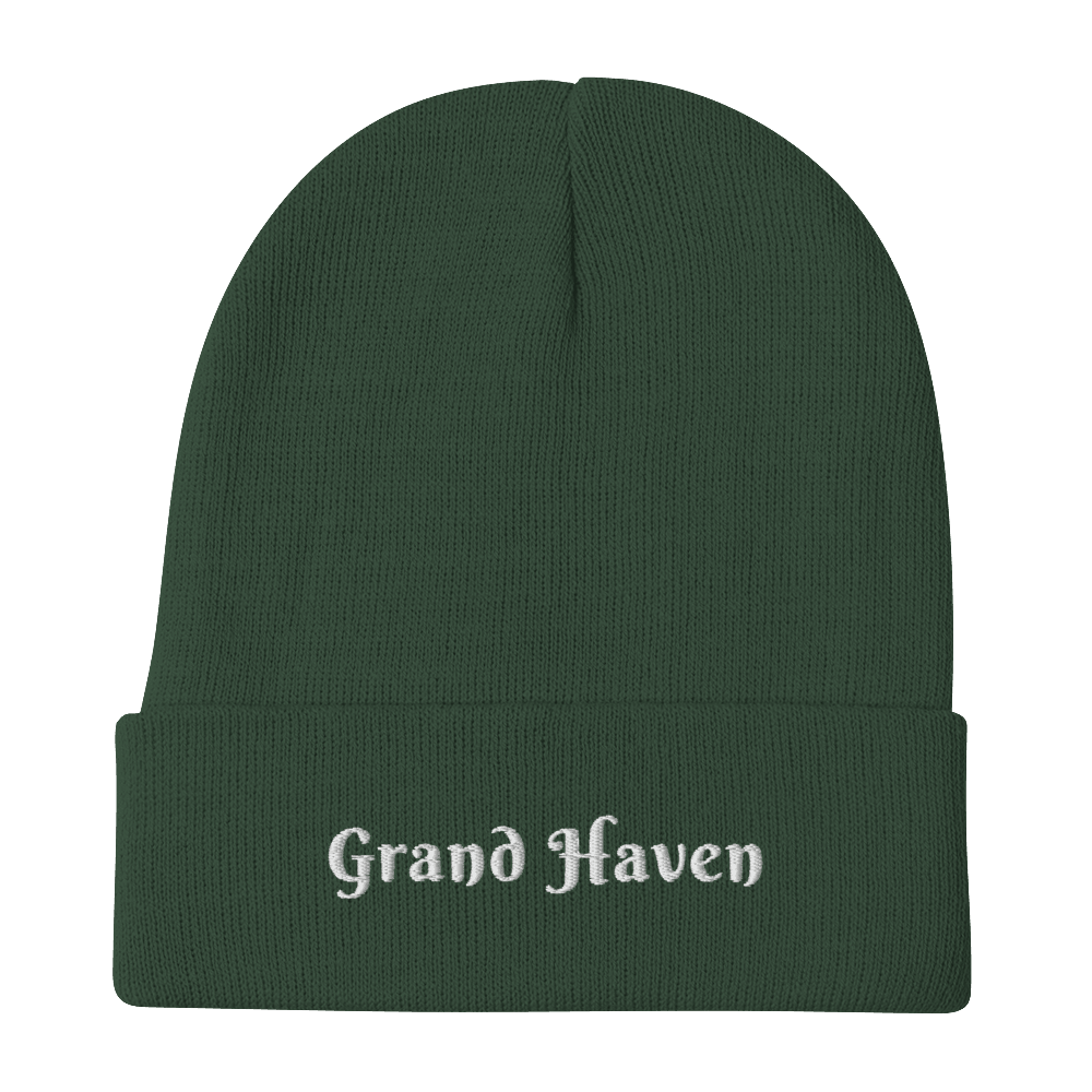 'Grand Haven' Winter Beanie (Swash Font) | White/Black Embroidery - Circumspice Michigan