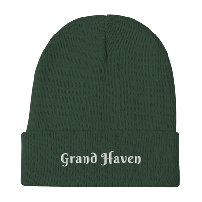 'Grand Haven' Winter Beanie (Swash Font) | White/Black Embroidery - Circumspice Michigan