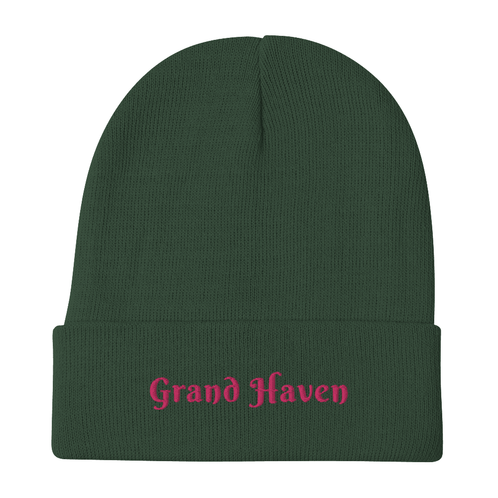 'Grand Haven' Winter Beanie (Swash Font) | Pink Embroidery - Circumspice Michigan