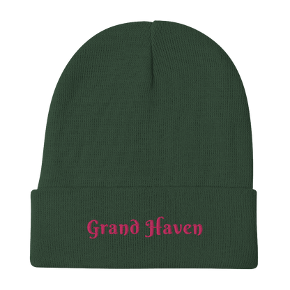 'Grand Haven' Winter Beanie (Swash Font) | Pink Embroidery - Circumspice Michigan