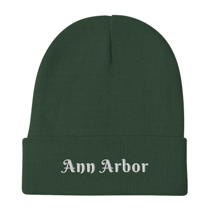 'Ann Arbor' Winter Beanie (Swash Font) l White/Black Embroidery - Circumspice Michigan