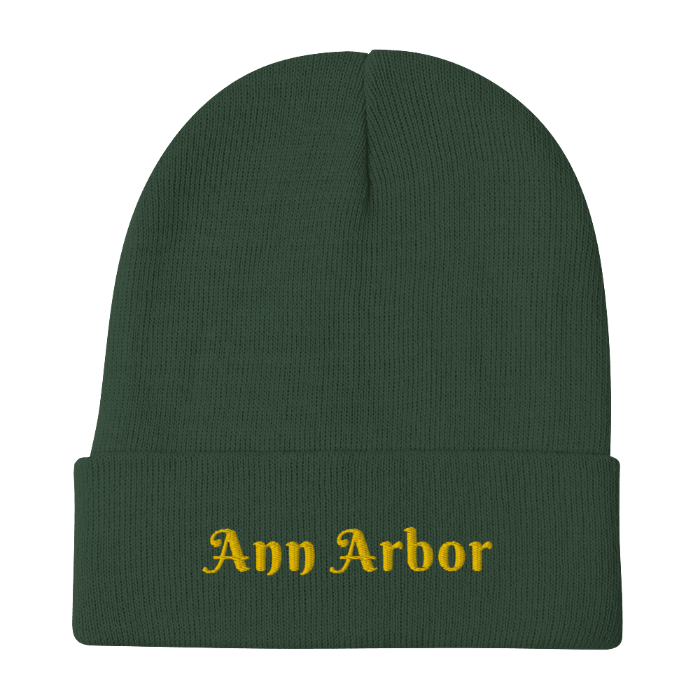 'Ann Arbor' Winter Beanie (Swash Font) | Gold Embroidery - Circumspice Michigan