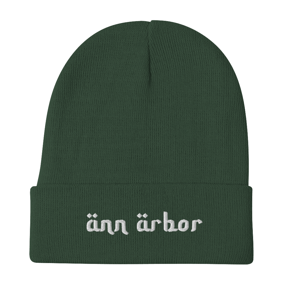 'Ann Arbor' Winter Beanie (Arabic-Style Font) | White/Black Embroidery - Circumspice Michigan