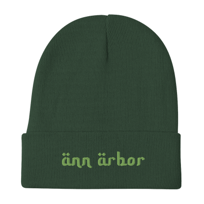 'Ann Arbor' Winter Beanie (Arabic-Style Font) | Green Embroidery - Circumspice Michigan