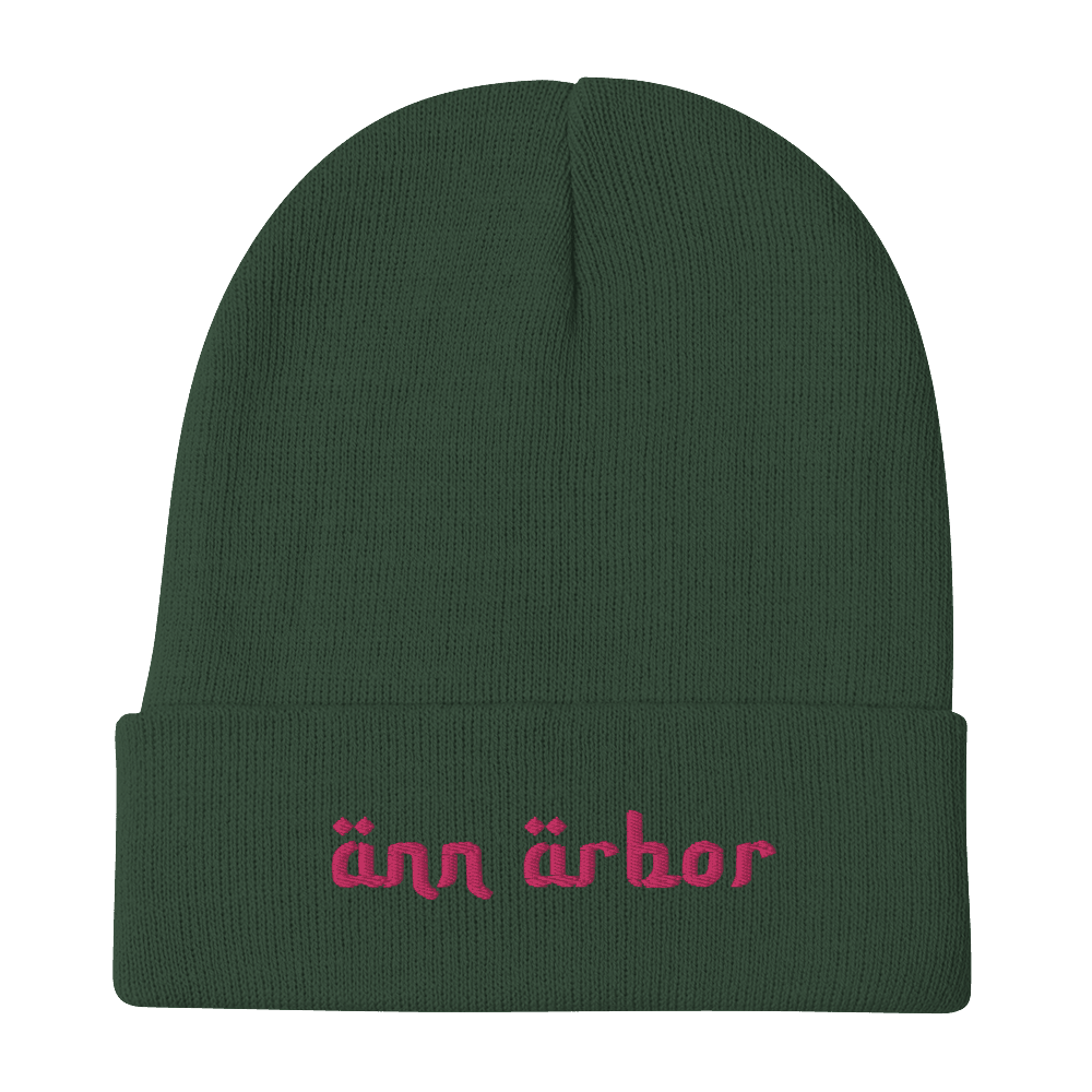 'Ann Arbor' Winter Beanie (Arabic-Style Font) | Pink Embroidery - Circumspice Michigan