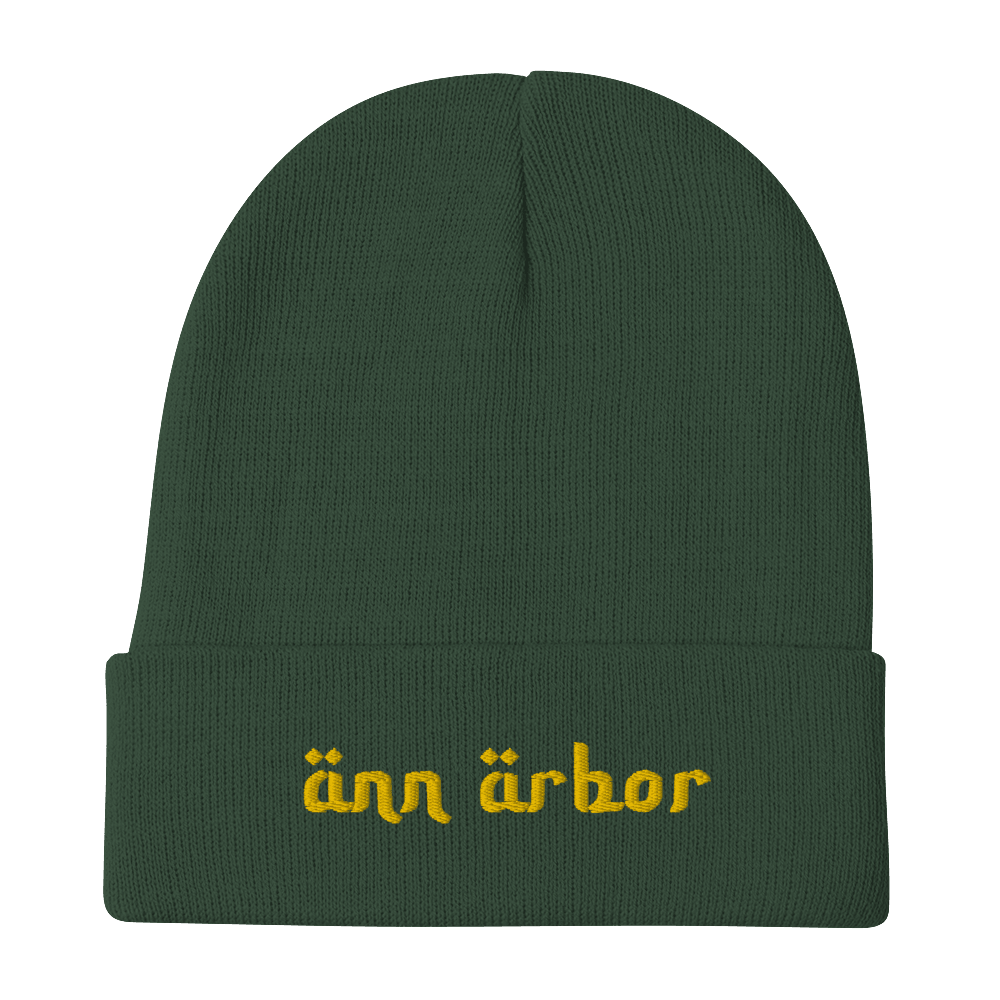 'Ann Arbor' Winter Beanie (Arabic-Style Font) l Gold Embroidery - Circumspice Michigan