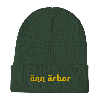 'Ann Arbor' Winter Beanie (Arabic-Style Font) l Gold Embroidery - Circumspice Michigan