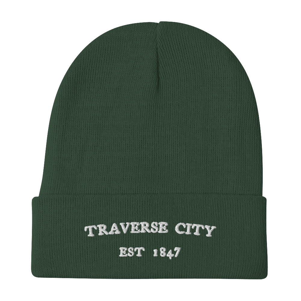 'Traverse City Michigan EST 1847' Winter Beanie | White/Black Embroidery - Circumspice Michigan