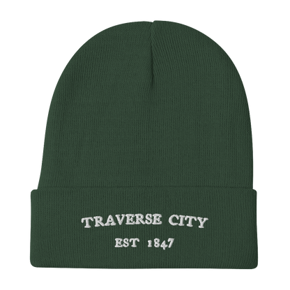 'Traverse City Michigan EST 1847' Winter Beanie | White/Black Embroidery - Circumspice Michigan