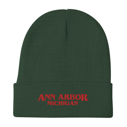 'Ann Arbor Michigan' Winter Beanie (1980s Drama Parody) | Red/White Embroidery - Circumspice Michigan