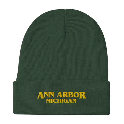 'Ann Arbor Michigan' Winter Beanie (1980s Drama Parody) | Gold Embroidery - Circumspice Michigan